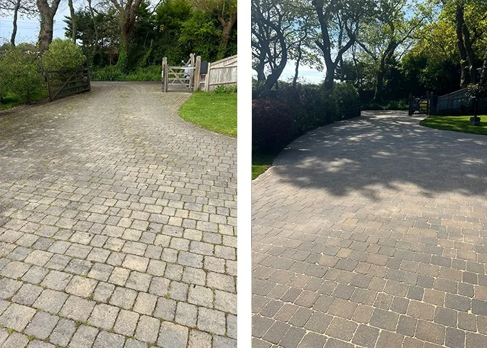 Driveway pressure washing on a block-paved drive in Birdham