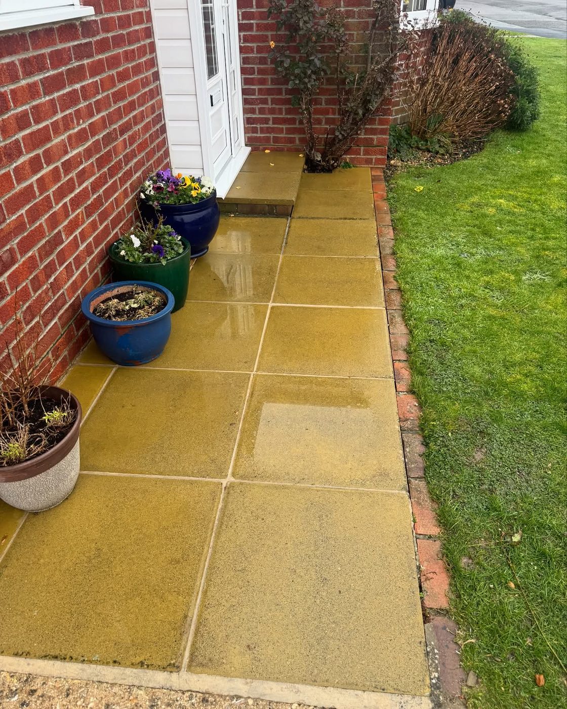 Sandstone path and driveway cleaned and edged with planting